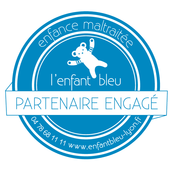 Label indicating Adrenalead as an engaged partner with L'Enfant Bleu Lyon