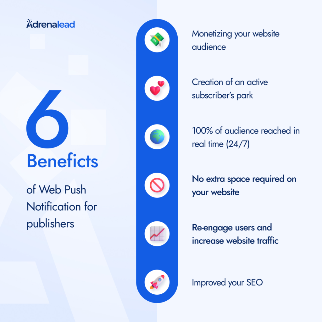 Infographic on the advantages of Web Push Notifications for publishers