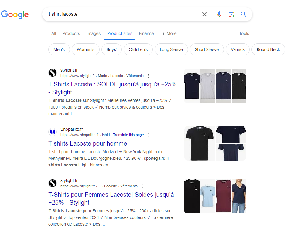 The new "Product sites" filter in the shopping SERP