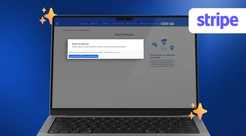 Ecran ajout d'un moyen de paiement Notifadz avec Stripe