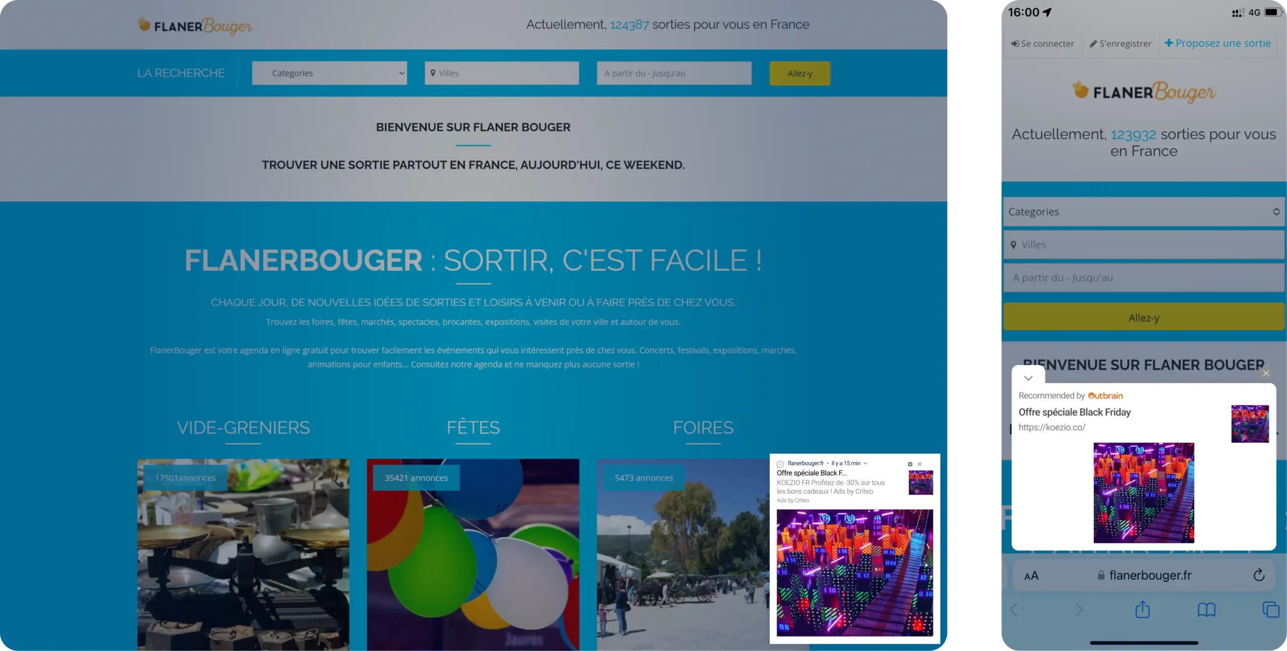 Exemples du format In-Page Push sur mobile et ordinateur