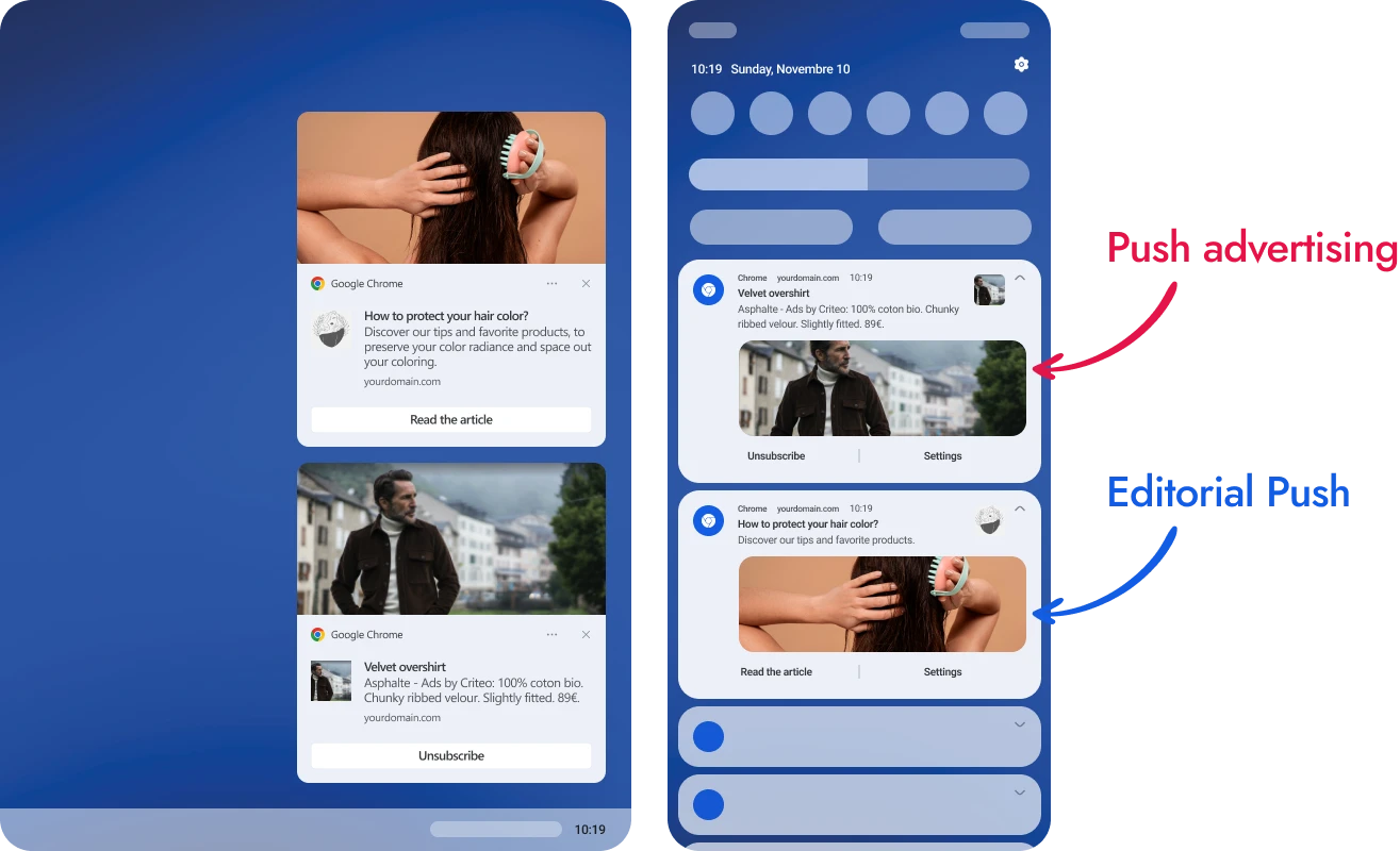 Przykłady powiadomienia Web Push o treści redakcyjnej i formatu Side-Car