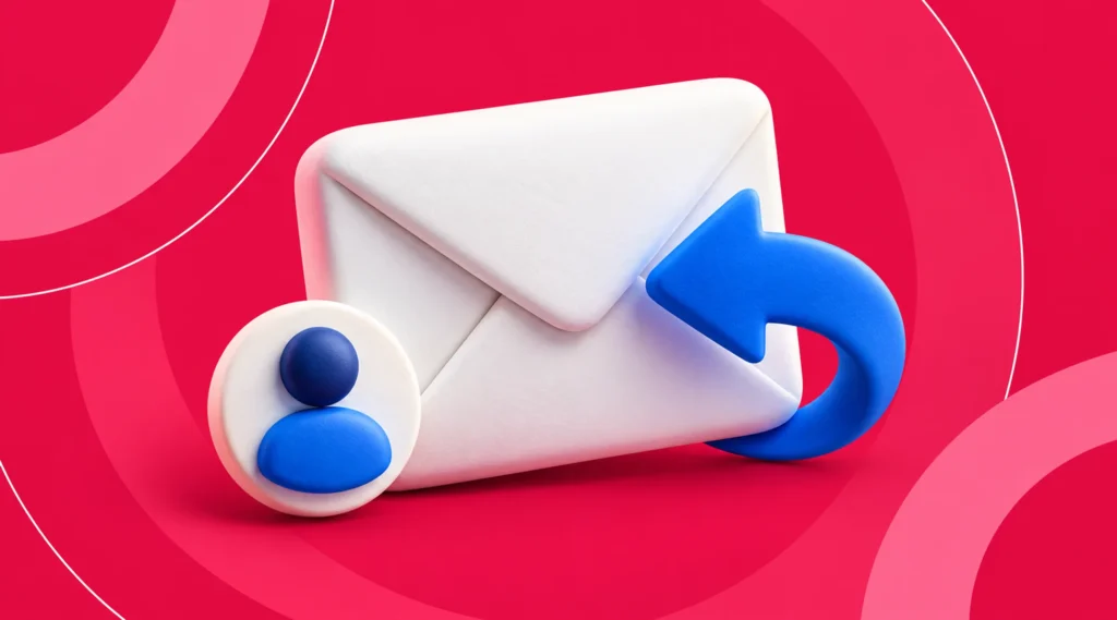 Une enveloppe blanche, une flèche de réponse bleue et un symbole de contact sur fond framboise.