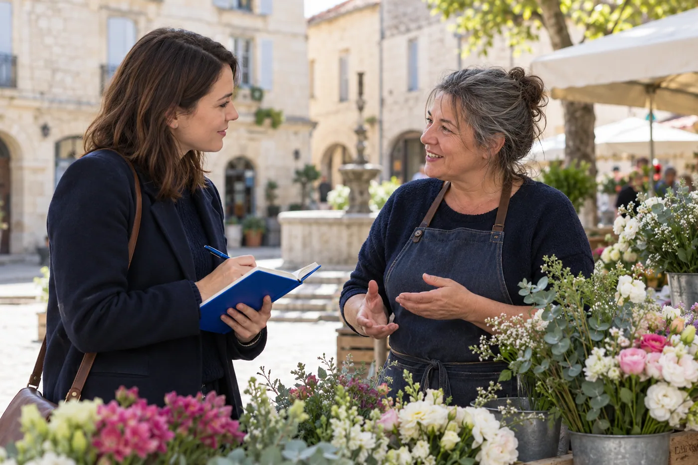Scène fictive : une journaliste locale échange avec un commerçant dans une rue de marché.