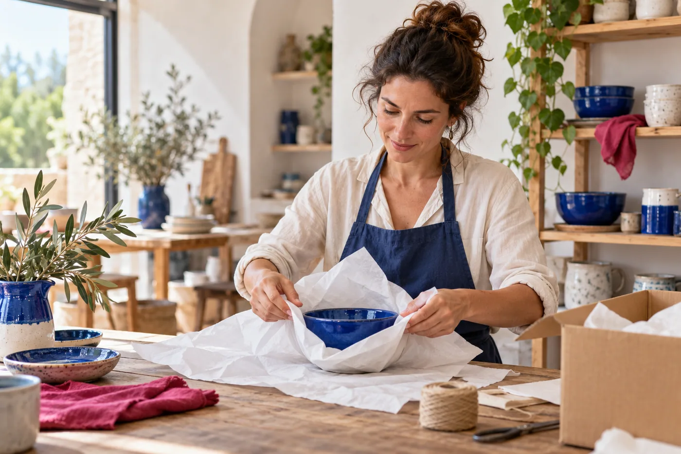 Scène fictive : une commerçante prépare des commandes de décoration dans son atelier-boutique.