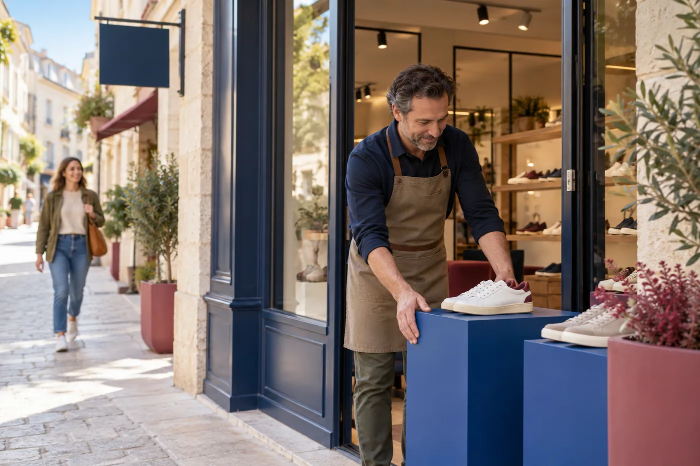 Scène fictive : un responsable de magasin prépare la vitrine d’une boutique de quartier.
