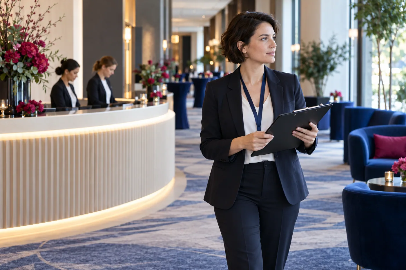 Scène fictive : une organisatrice vérifie l’accueil d’un événement professionnel avant l’arrivée des visiteurs.