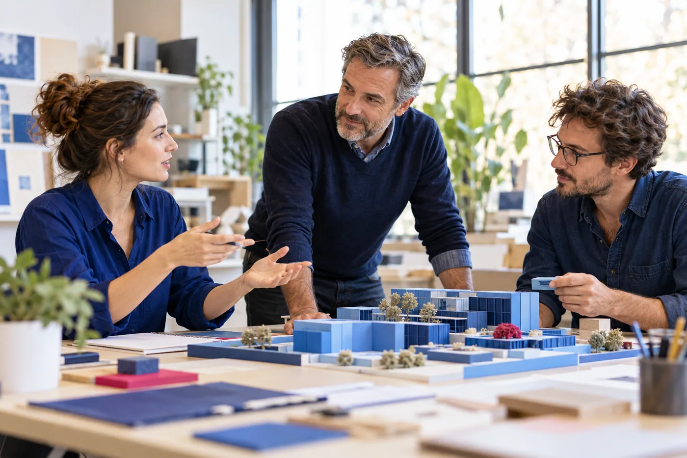 Scène fictive : un formateur échange avec des adultes autour d’un atelier pratique.
